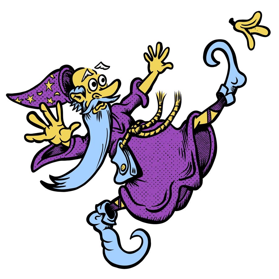 The Magical Mishap wizard, tumbling mid-spell